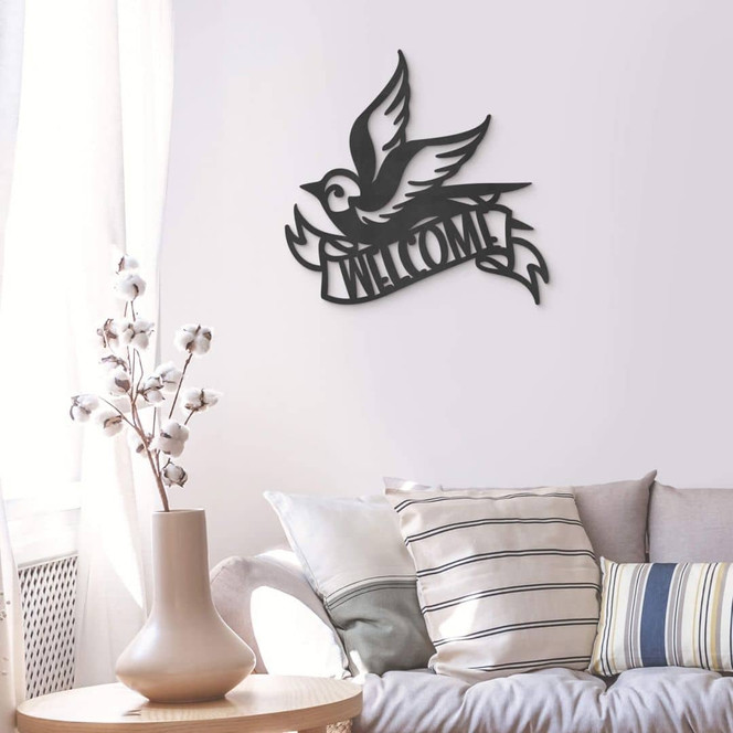 3D Schriftzug Welcome - Vogel Türschild - MDF Deko