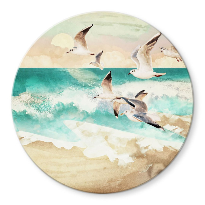 Glasbild Möwen am Strand - SpaceFrog Designs - Rund