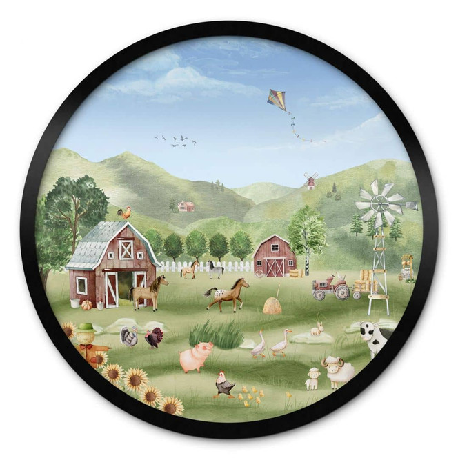Rundes Poster für das Kinderzimmer - Oliver Robins - Bunter Bauernhof mit Tieren