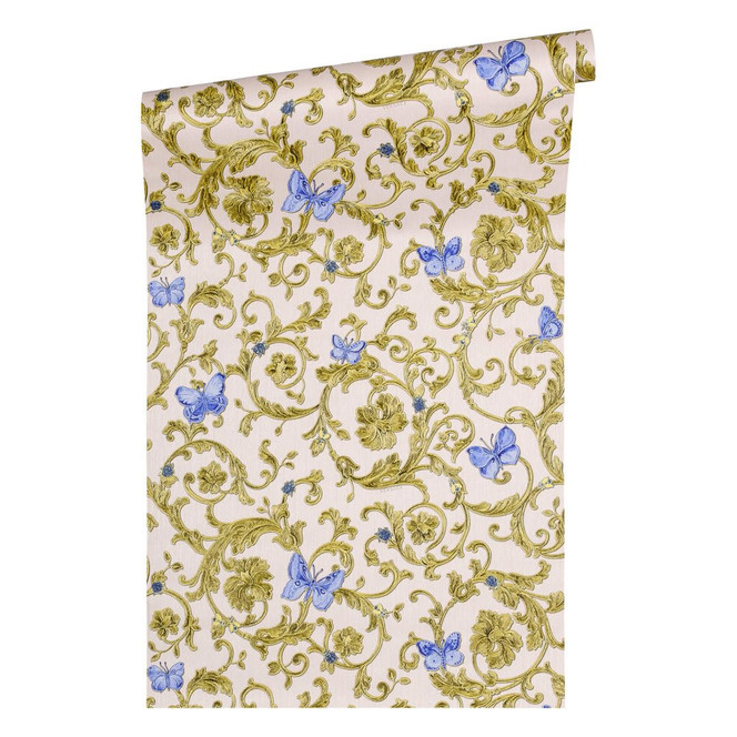Versace wallpaper Tapete Butterfly Barocco blau, metallic, rosa