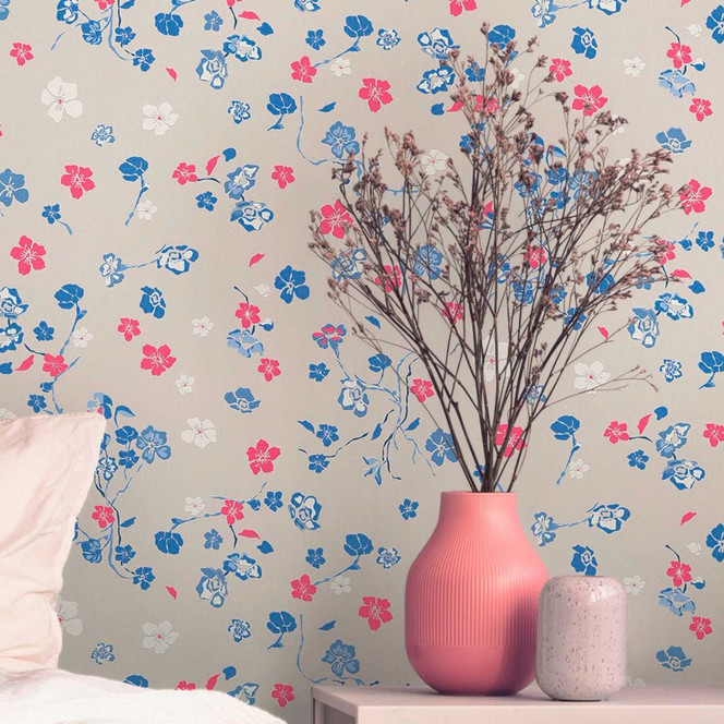 Blumentapete Beige Blau - Vliestapete Floral - Naturtapete Designer