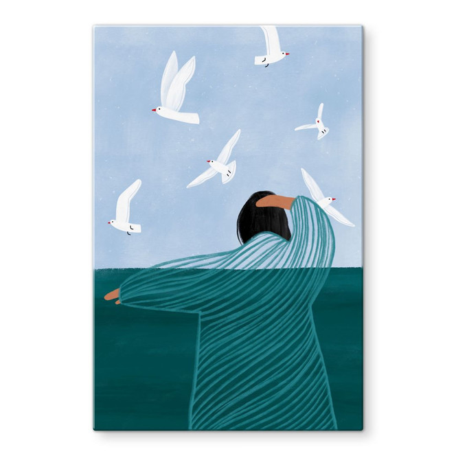 Glasbild Frau mit Möwen am Meer - Müller