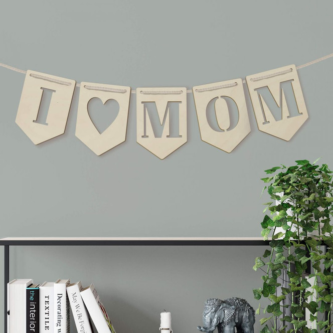 Holzdeko Pappel - Wimpelkette I Love Mom (5er Set) inkl. Baumwollseil