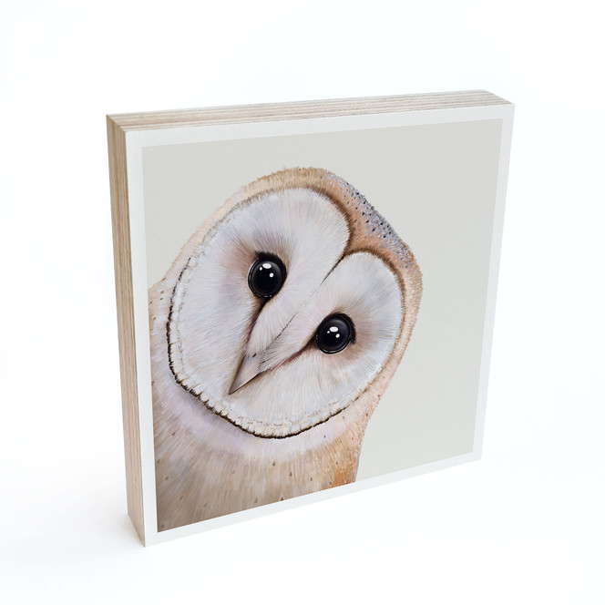 Holzbild zum Hinstellen - Neugierige Schleiereule - Korenkova - 15 x 15 cm
