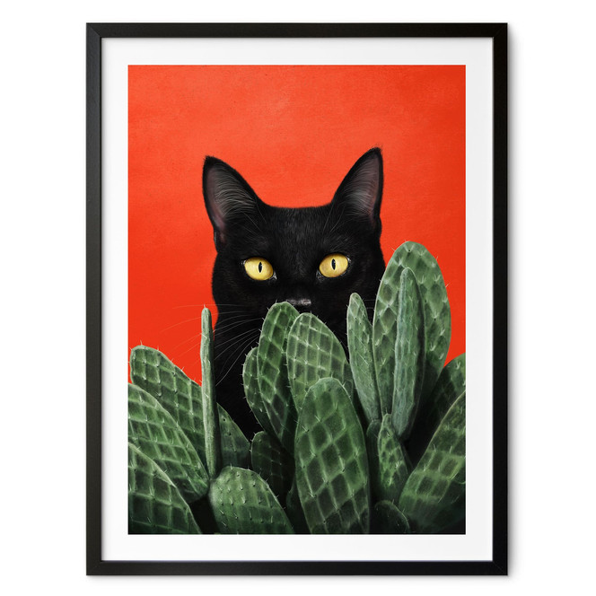 Poster Schwarze Katze im Kaktus-Versteck - Korenkova