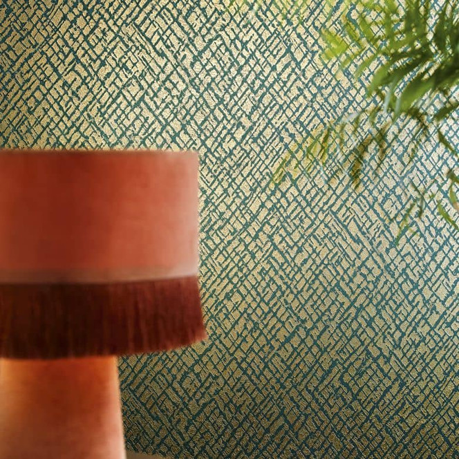 Vliestapete mit glänzendem Gitter Motiv grün, gold Struktur