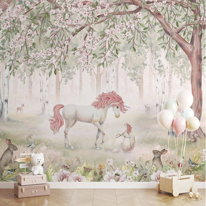 Kinderzimmer Fototapete Märchenhafter Wald mit Einhörnern - Kikki Belle