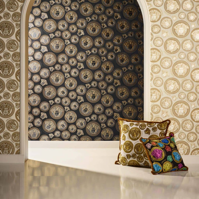 Versace Home Vliestapete Gold Schwarz Medusa Designer Tapete dunkel Medusaköpfe