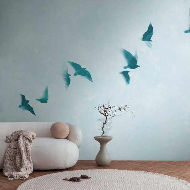 Fototapete fliegende Vögel auf Hellblau - Natur Vliestapete mit sanftem Vogelmotiv