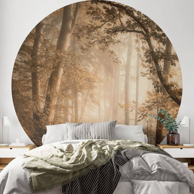 Fototapete Wald im morgendlichen Nebel - Waldtapete Rund - Maier - Selbstklebend/Vlies