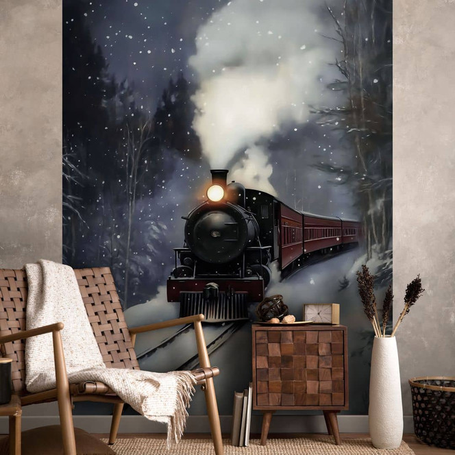 Fototapete Winterlandschaft - Dampflok im verschneiten Wald - Melloi Art Prints
