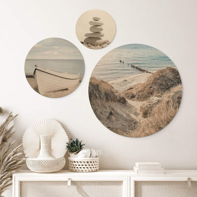 Holzbild Dünen mit Meer, Ruderboot und Steinmännchen Set (3-teilig) - Rund
