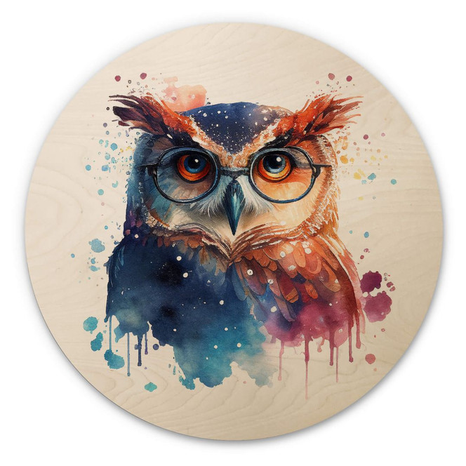 Holzbild Heine - Intelligente Eule mit Brille - Astro Cruise - Rund