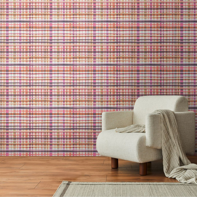 Karierte Tapete Aquarell Rosa Orange – Vliestapete modern kariert – Bunt & kreativ