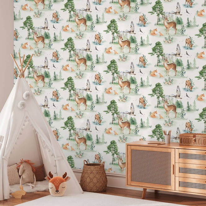 Waldtier-Tapete Aquarelloptik Grün Beige - Kinderzimmer-Tapete Tiere