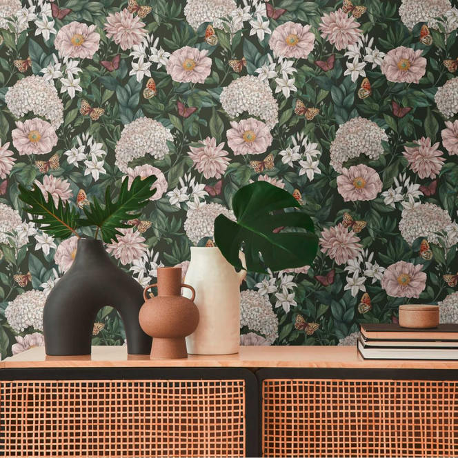 Blumen-Tapete mit Schmetterlingen Grün Weiss - Vliestapete mit hellen Blüten