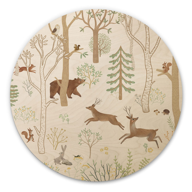Holzbild Fröhliches Waldleben mit Tieren - Oliver Robins - Rund