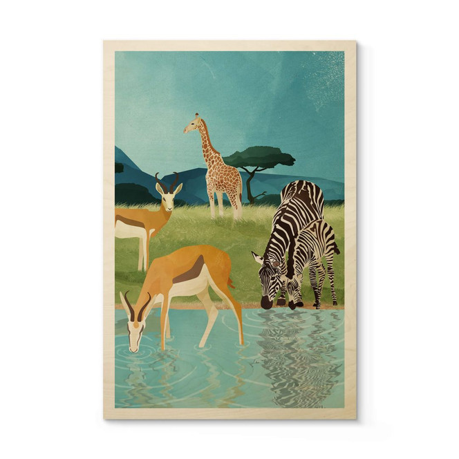 Holzposter Goed Blauw - Tiere am Wasserloch - Antilopen, Zebras und Giraffe