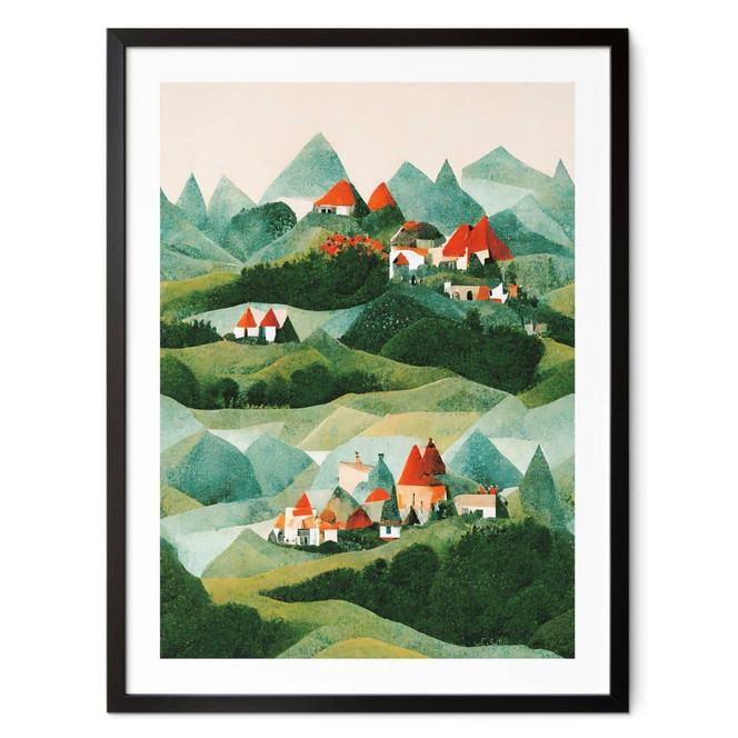Kinderposter Treechild - Kleines Dorf inmitten grüner Hügel