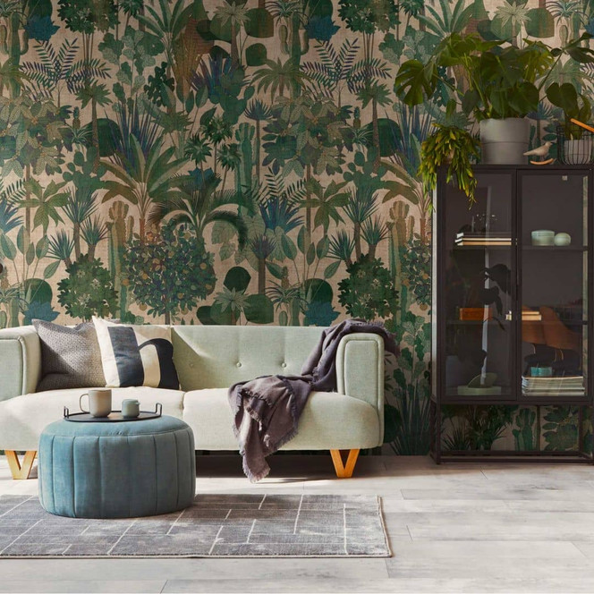 Fototapete Dschungel Grün Beige - Vliestapete mit Pflanzenmotiv - Exotisches Design