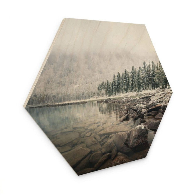 Hexagon Holzbild Winterwald am See - Rostovskiy