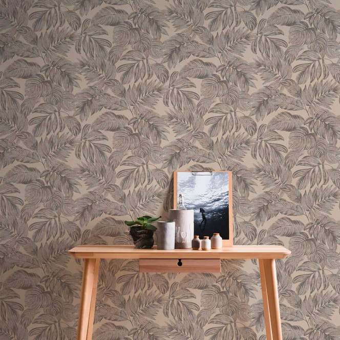 Palmen-Blatt Vliestapete Braun Grau - Dschungel Tapete für Schlafzimmer