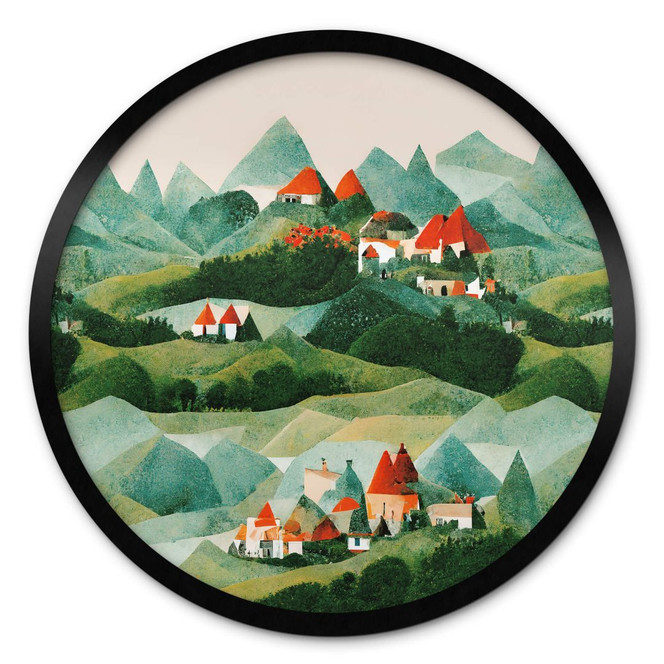 Poster Treechild - Kleines Dorf inmitten grüner Hügel - Rund