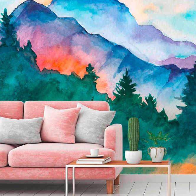 Fototapete Landschaft MountainPaint grün violett - Vliestapete Designwalls 2 - 2.55x3.5 m