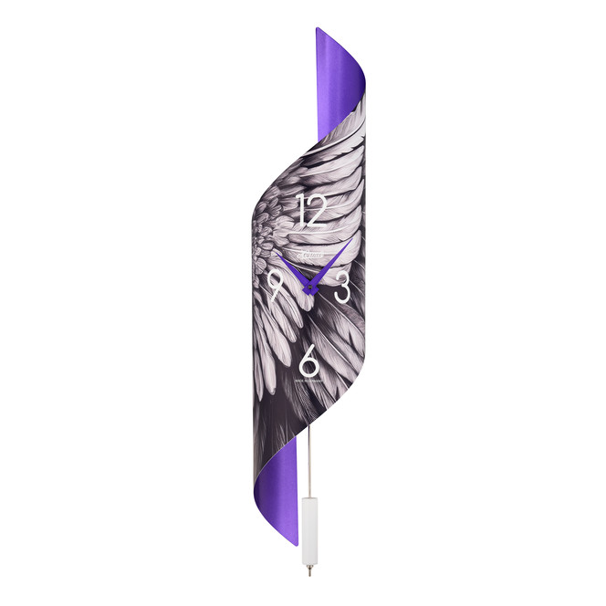 Regulateur Savanna II "HERMLE" Edelstahl Motiv Flügel weissen arabischen Zahlen 3.6.9.12 Hermle Logo weiss Rückwand lila glänzend