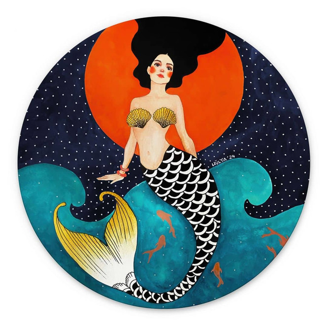 Wandbild Meerjungfrau im roten Mondlicht - Hülya - Alu-Dibond Rund
