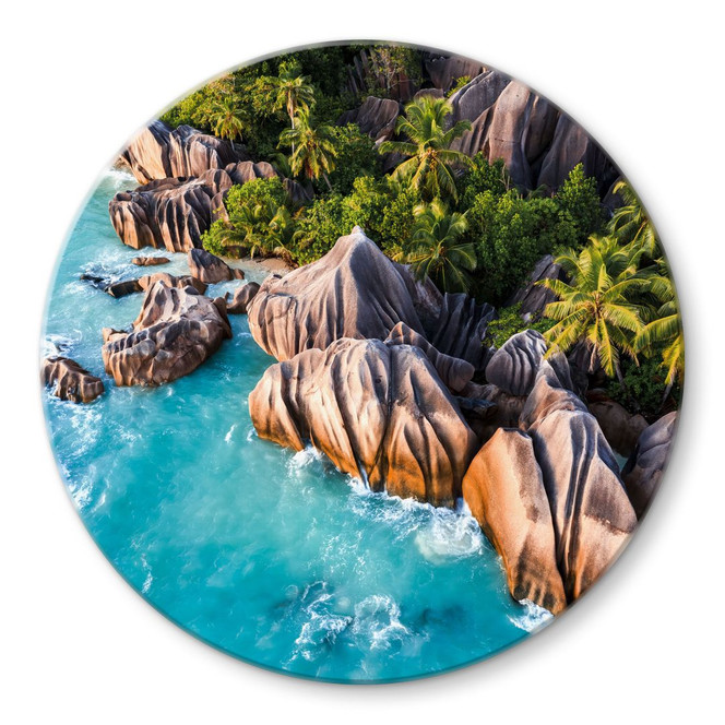 Glasbild Tropische Felsenküste der Seychellen - Colombo - Rund