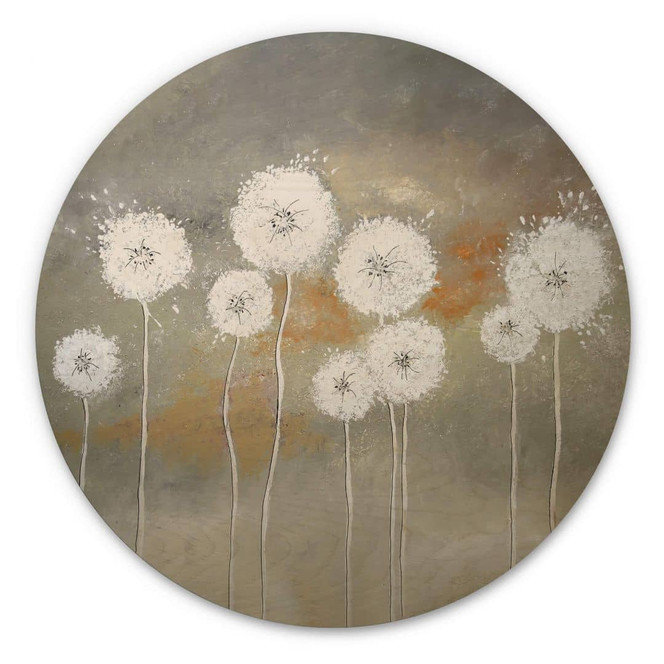 Holzbild mit Blumenmotiv - Weisse Pusteblumen Rund - Melz