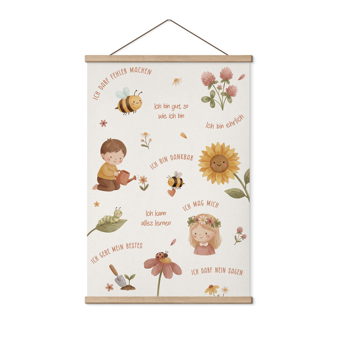 Stoffbild mit Affirmationen Blumen - Kraftsätze für Kinder