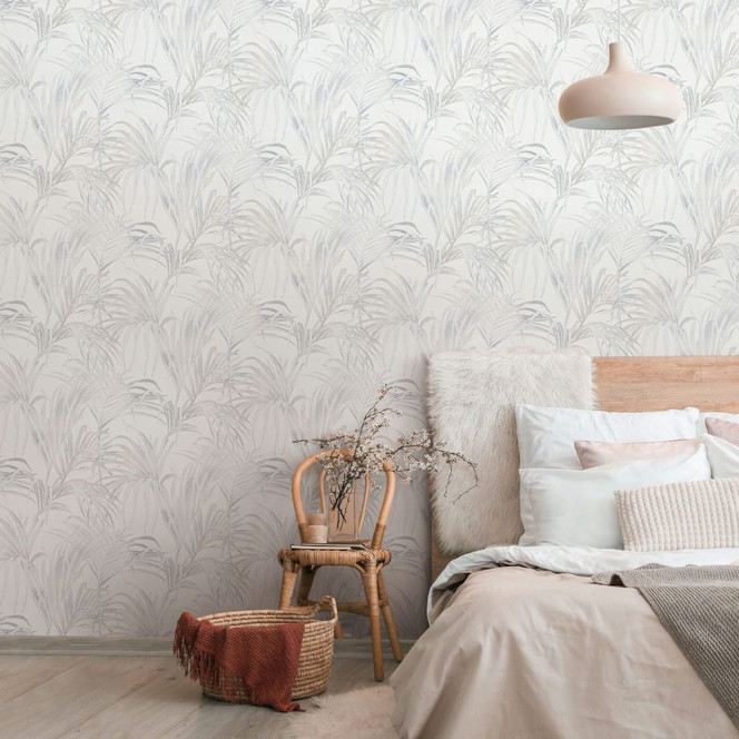 Vliestapete mit Blattmotiv auf Strukturbasis weiss, beige Floral