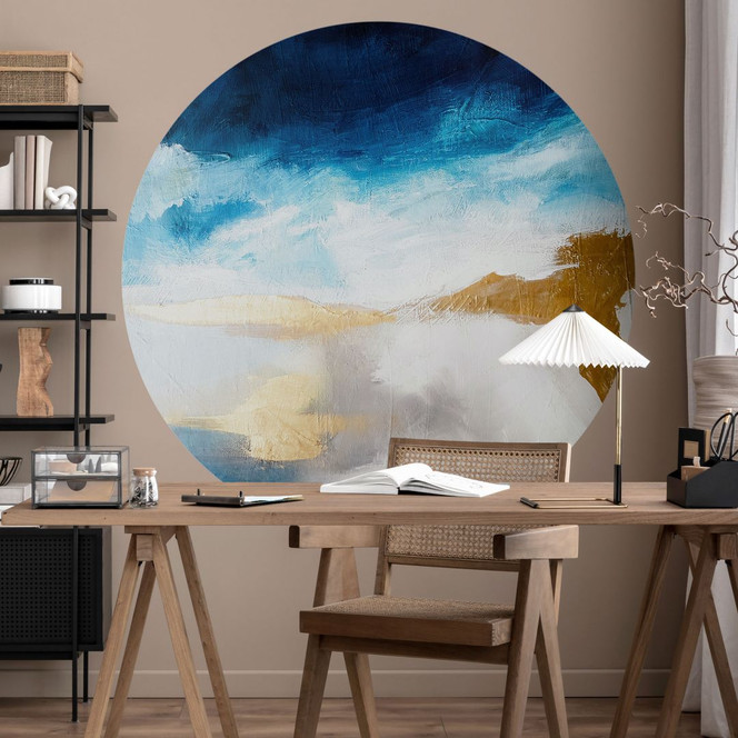 Fototapete Abstrakt - Pinselstriche Blau und Gold - Rund - Haniff - Selbstklebend/Vlies