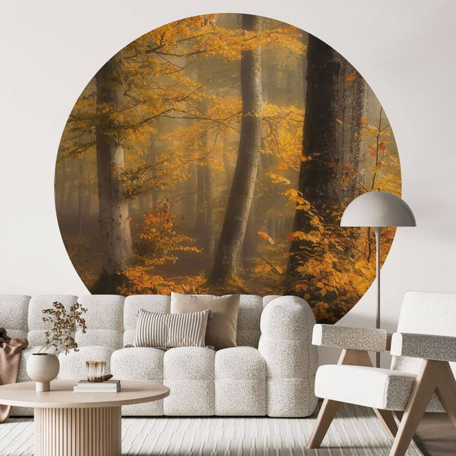 Fototapete Goldene Blätter im nebligen Wald - Maier - Rund - Selbstklebend/Vlies