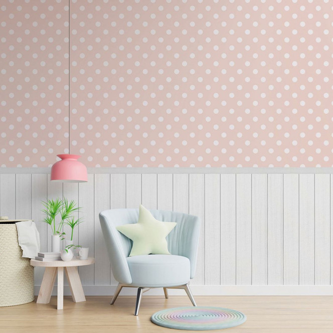 Fototapete Punkte Rosa Weiss mit Holzpaneel – Vliestapete verspielt & erweiterbar