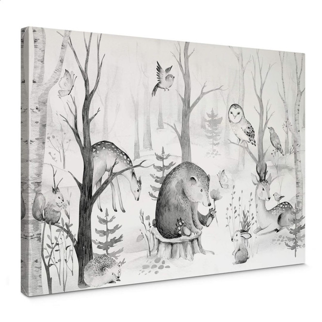 Leinwandbild Kvilis - Tierfreunde im Wald - schwarz-weiss
