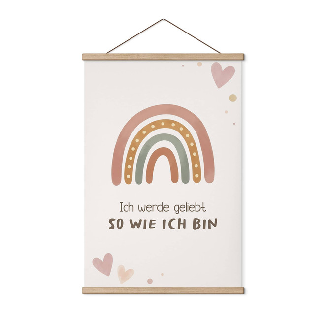 Stoffbild mit Boho-Regenbogen - Glaubenssatz "Ich werde geliebt" für Kinder