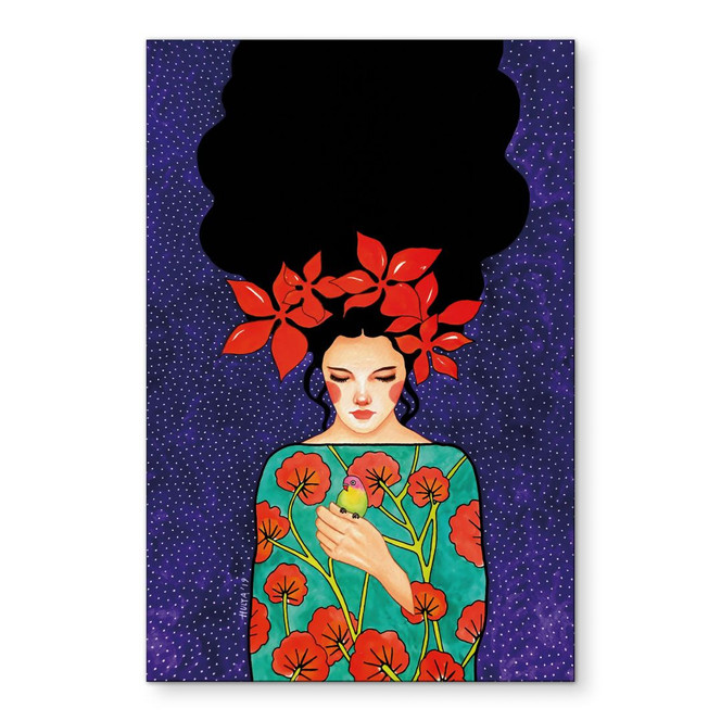 Wandbild Frau mit roter Blütenkrone und Vogel - Hülya - Alu-Dibond
