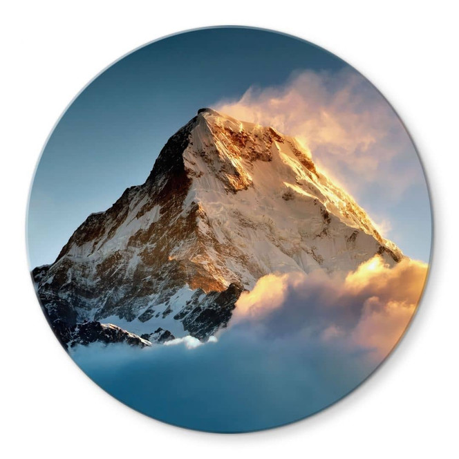 Glasbild Sonnenaufgang über dem schneebedeckten Berg - Annapurna Himal - Rund