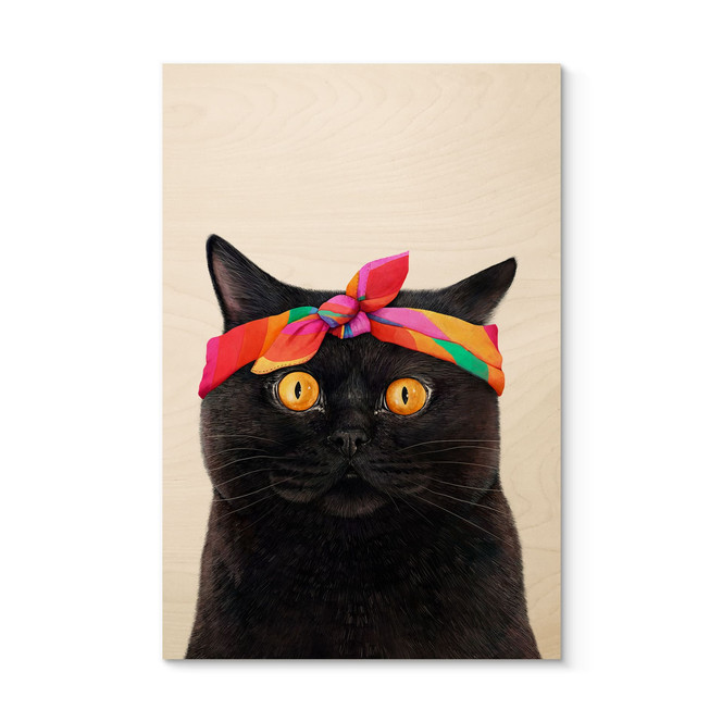 Holzbild Schwarze Katze mit Bandana - Korenkova
