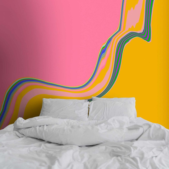 Pop-Art-Fototapete mit geschwungenen Linien auf Pink und Gelb - Vliestapete