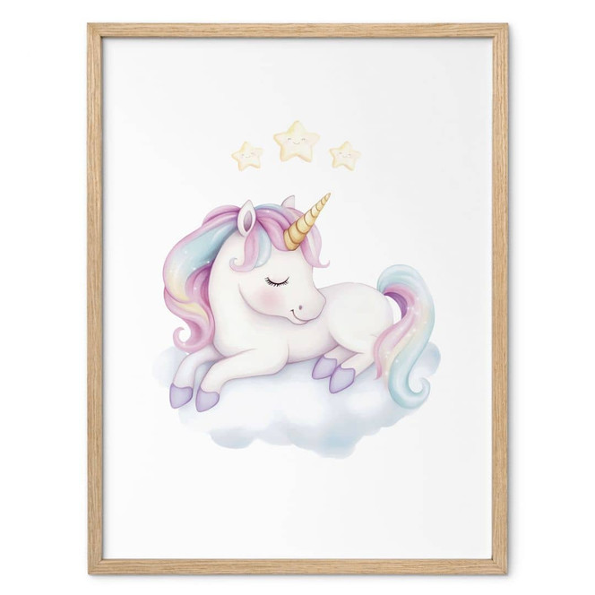 Poster Schlafendes Einhorn mit Sternen | Süsses Fabelwesen fürs Kinderzimmer