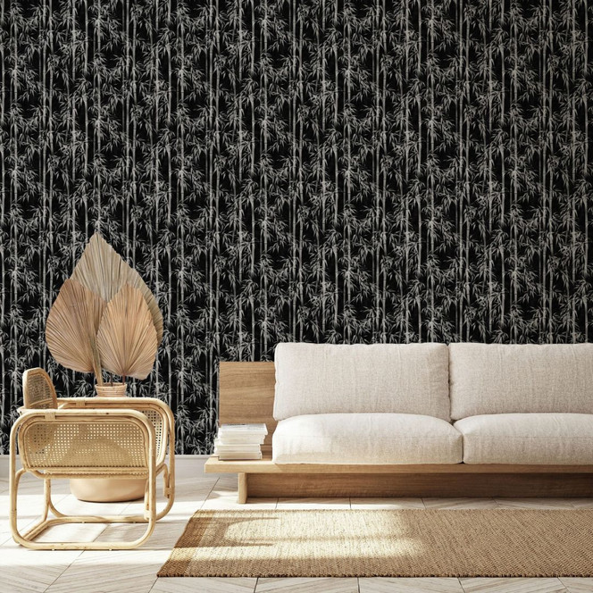 Vliestapete in schwarz, weiss Bambus Blätter Floral Natur
