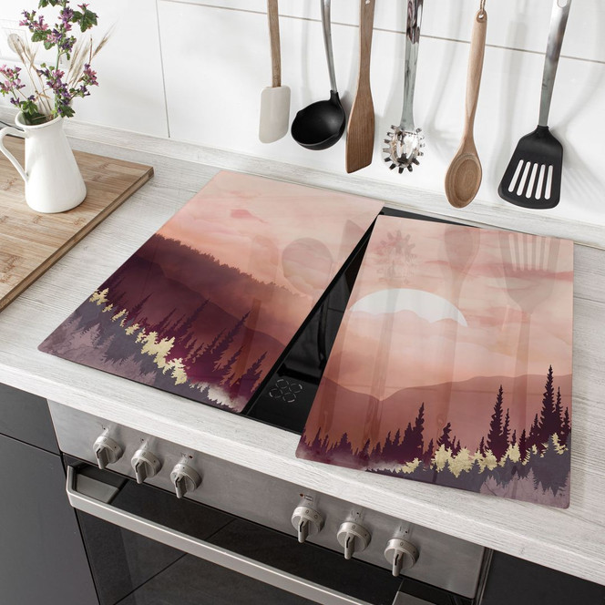 Herdabdeckplatte - Rosa Sonnenuntergang über dem Wald - SpaceFrog Designs