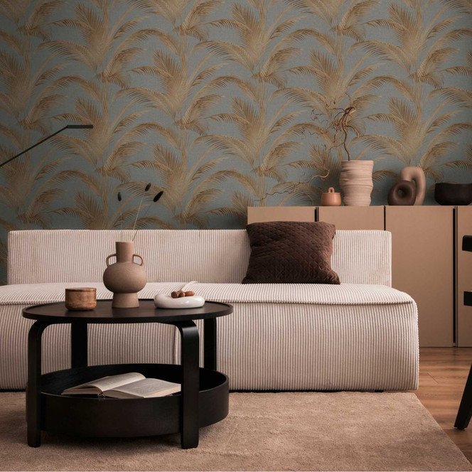 Palmen-Tapete Grau Gold - Vliestapete mit tropischem Muster und edlem Glanz
