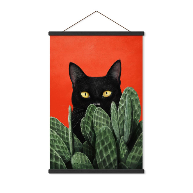 Stoffbild Schwarze Katze im Kaktus-Versteck - Korenkova