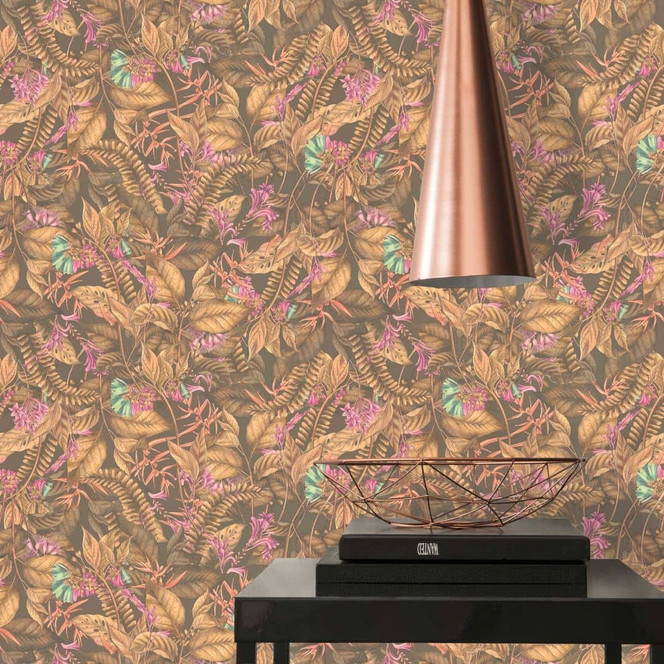 Tapete mit Dschungel-Motiv Braun Beige - Vliestapeten mit Blüten in Blau Lila