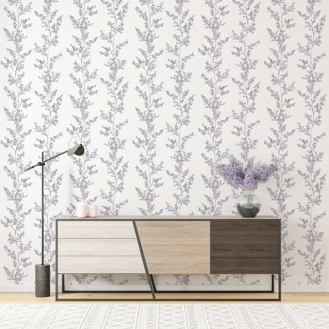 Vliestapete Blätter, Äste Floral Natur matt in Weiss Lila